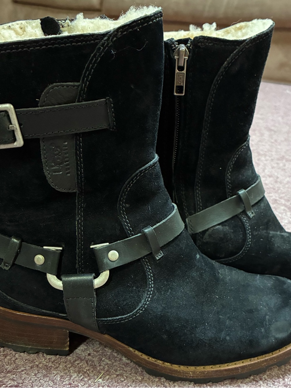 UGG Black Suede Shearling-Lined Harness Boots